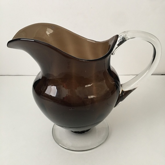 Pedestal Hand Blown Smoky Art Glass Pitcher. Applied Handles. Excellent - Picture 4 of 5